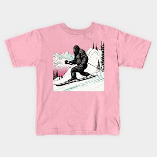 Funny Bigfoot Skiing Dad Bigfoot Believer and Ski in Mountain Kids T-Shirt